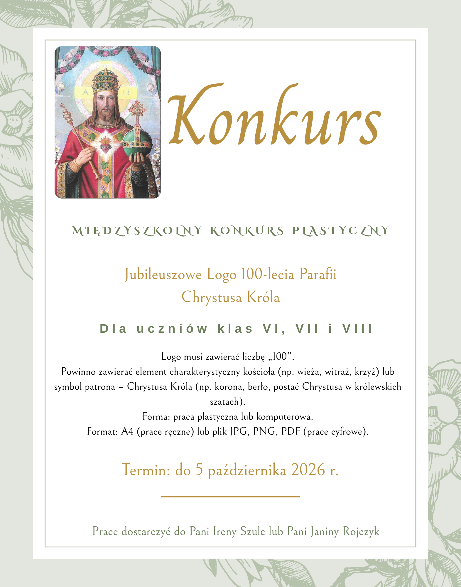 Międzyszkolny Konkurs Jubileuszowe logo 100-lecia Parafii Chrystusa Króla
